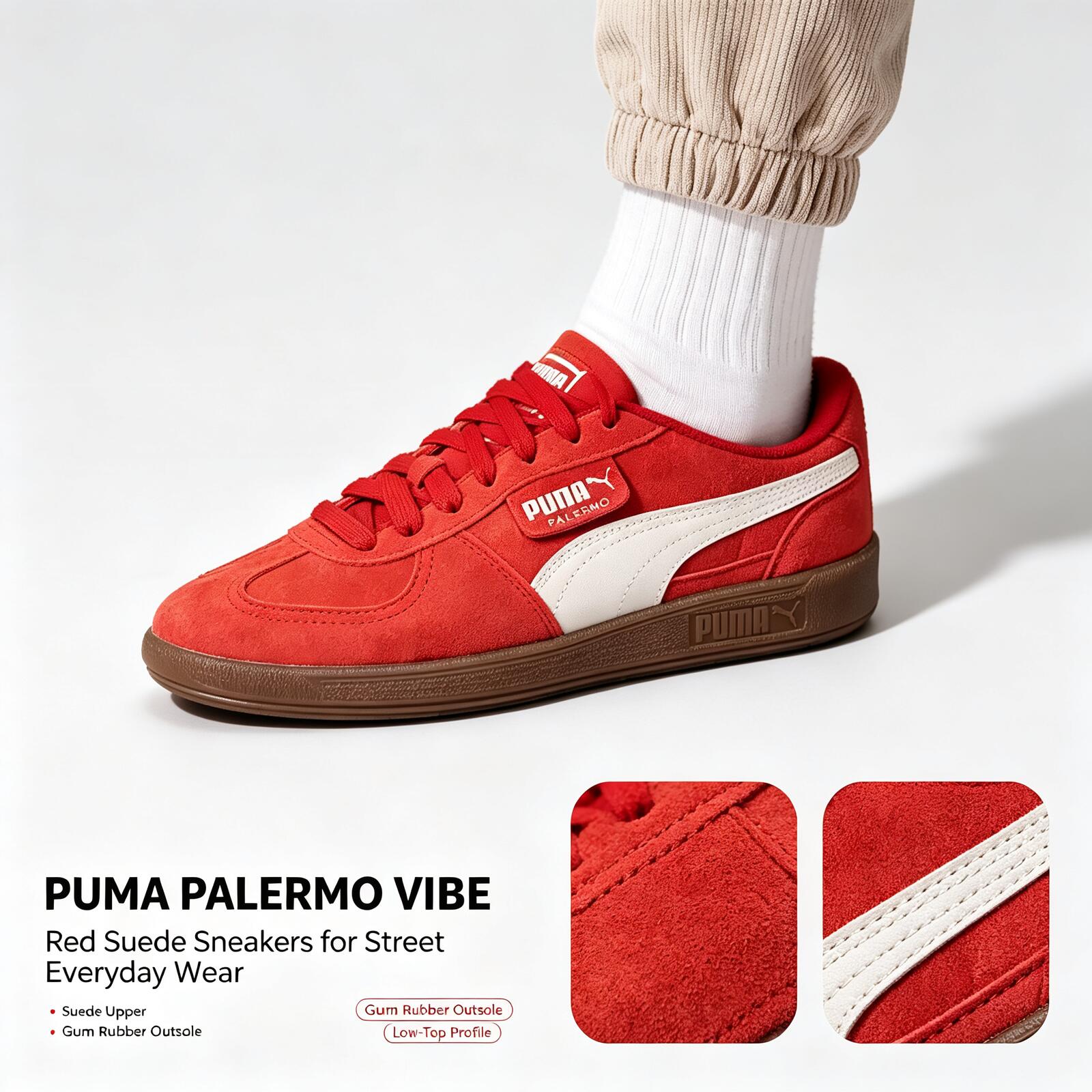 Puma Shoes Suede Classic - ใหม่พูม่า ปาแลร์โมรองเท้าผ้าใบหนังกลับสีแดงสำหรับผู้ชายผู้หญิงคลาสสิกโลว์ท็อป กัมโซลรองเท้าลำลองสำหรับเดินบนถนน 408532-02